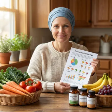 Cancer patient reviewing a personalized nutrition plan with fresh whole foods and NORI nutraceutical supplements