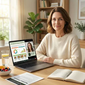 A cancer patient at home on a video call with a nutritional oncology counselor reviewing a personalized health plan