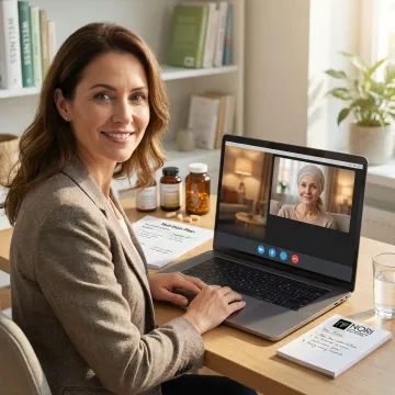 NORI naturopathic specialist conducting a one-on-one Zoom consultation with a cancer patient at home