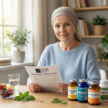 Cancer patient reviewing personalized NORI nutritional protocol at home with natural supplements