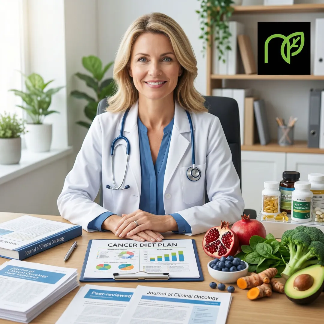 Nutritional oncology specialist reviewing a personalized cancer nutrition plan with dietary charts