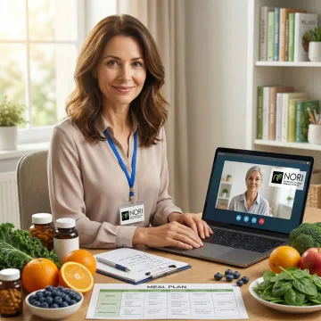 Integrative oncology nutritionist consulting a cancer patient via video call from a home setting