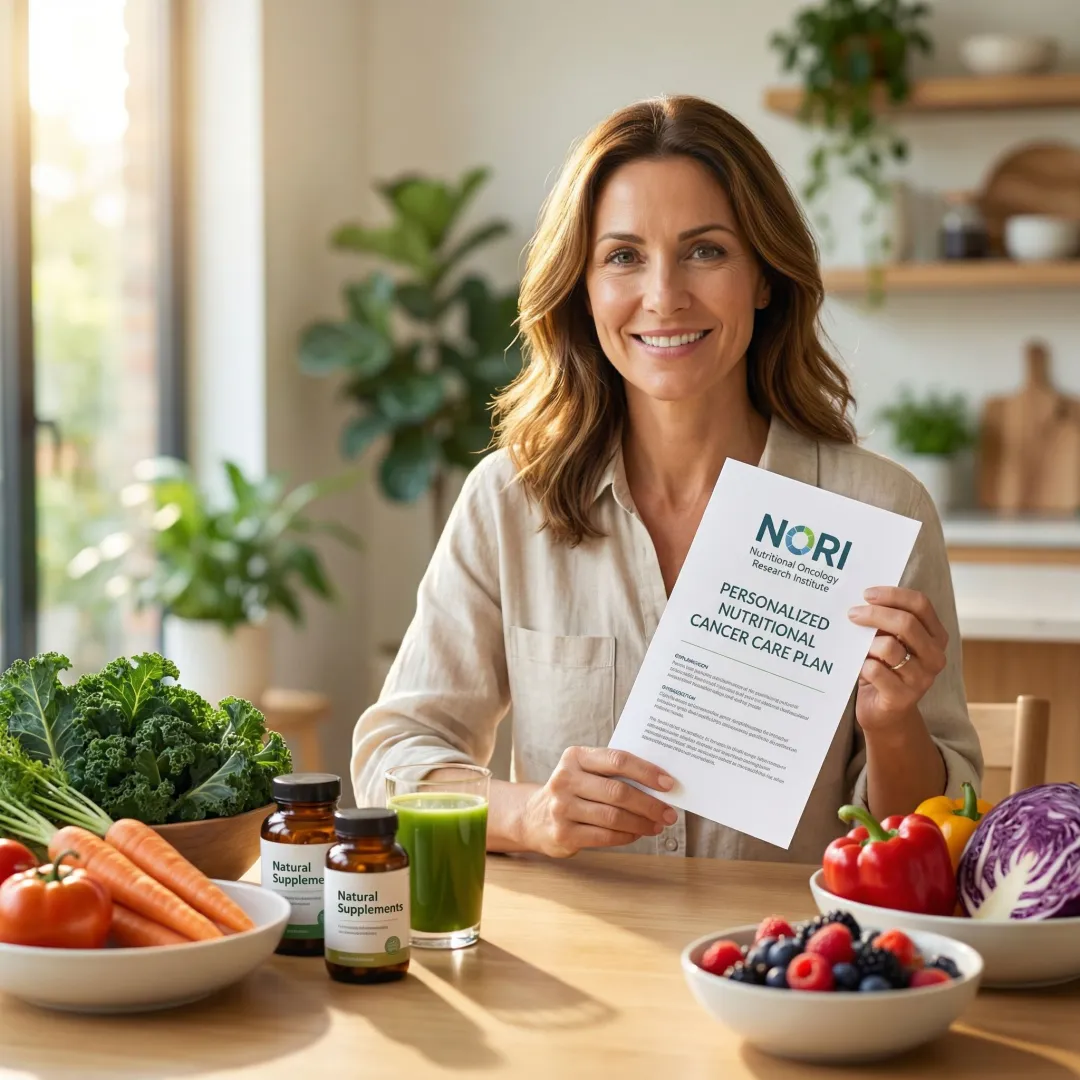 Person reviewing a personalized nutrition plan with natural supplements and fresh produce on a sunny home table