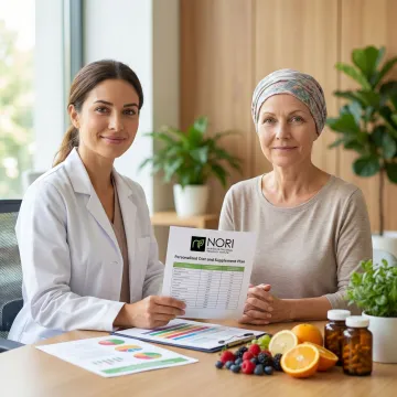 Integrative medicine nutritionist consulting with a cancer patient over a personalized nutrition plan