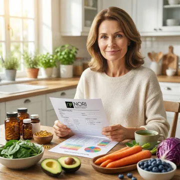 Patient reviewing personalized NORI nutritional cancer care plan at home with supplements and fresh produce