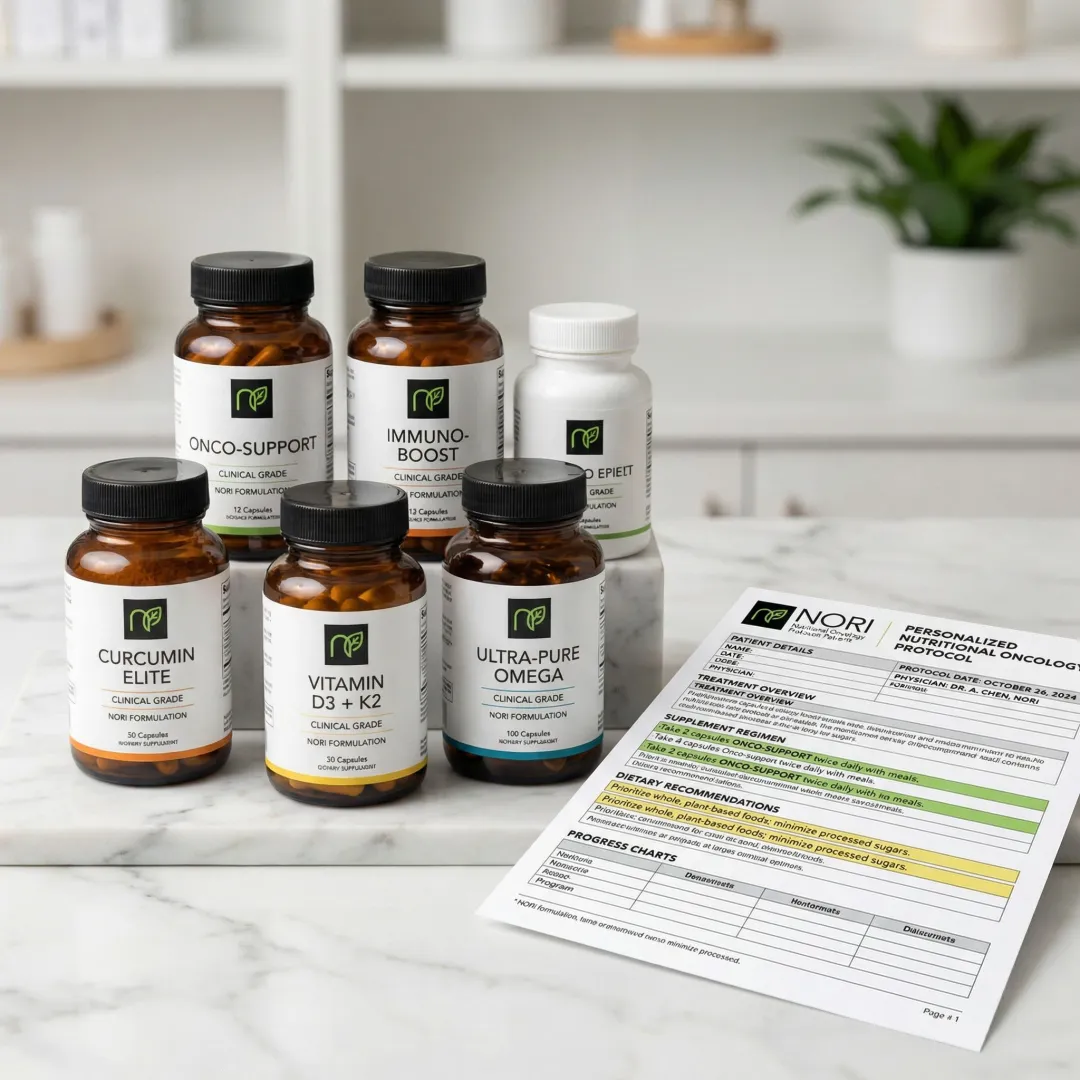 Personalized nutraceutical supplement bottles arranged alongside a nutritional oncology protocol document
