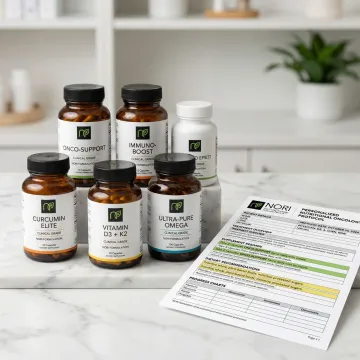 Personalized nutraceutical supplement bottles arranged alongside a nutritional oncology protocol document