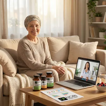Cancer patient receiving nutritional supplement guidance from a counselor at home