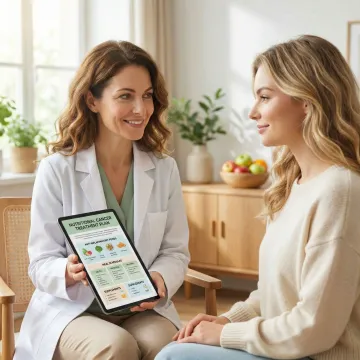 Nutritional oncology specialist guiding a cancer patient through a holistic treatment plan