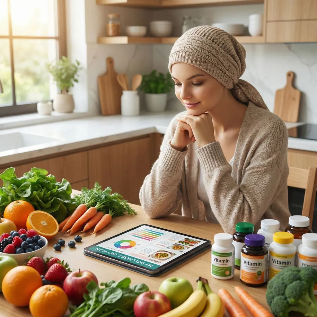 Person following a natural cancer recovery nutrition plan at home with fresh plant-based foods