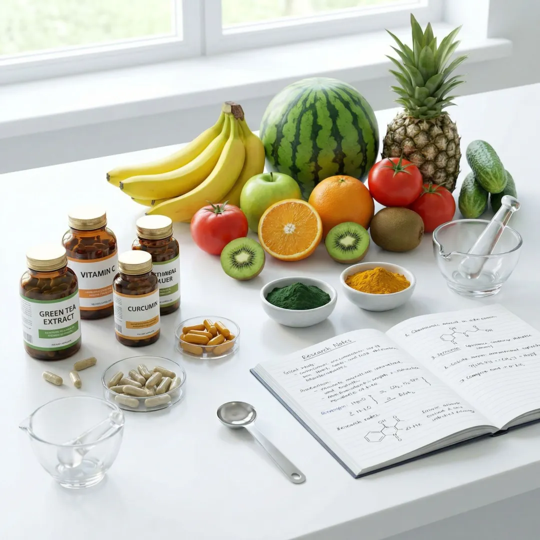 Nutritional oncology research materials and natural nutraceuticals laid out on a clean white surface