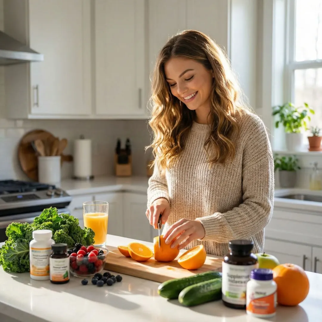 Cancer patient following a home-based nutritional oncology program with supplements and fresh produce on a kitchen counter.