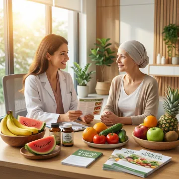 Cancer patient receiving nutritional counseling with healthy foods and supplements on a table