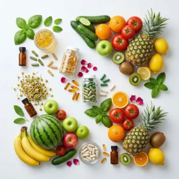 Natural nutraceutical supplements and fresh plant-based foods arranged as part of an alternative cancer treatment protocol