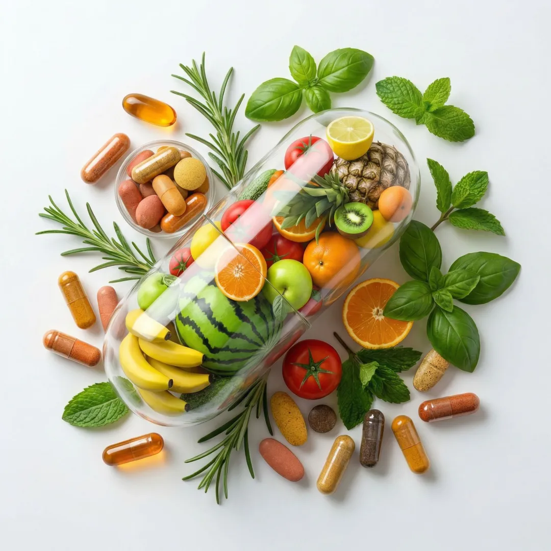 Natural nutraceutical supplements arranged alongside fresh plant-based foods representing a holistic cancer nutrition protocol.