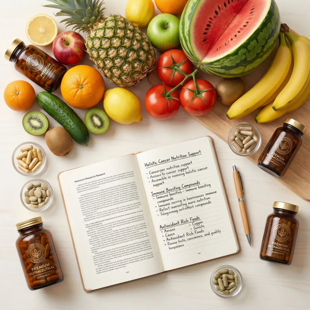Natural nutraceuticals and healthy plant-based foods arranged for a cancer nutritional support program