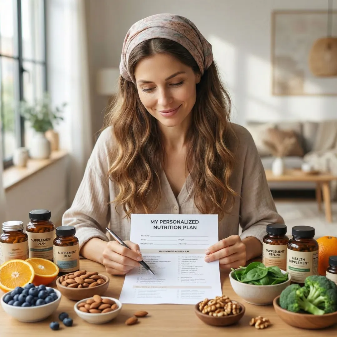Cancer patient at home reviewing a personalized nutritional protocol with natural supplements and fresh foods