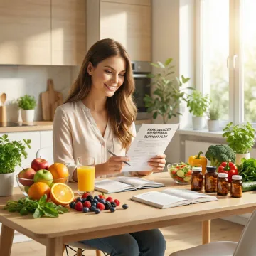 Person following a personalized nutritional cancer support program at home with supplements