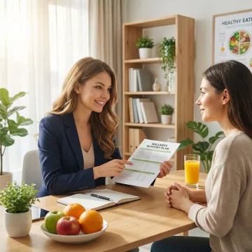 Natural cancer consulting session with a nutrition specialist reviewing a personalized health plan