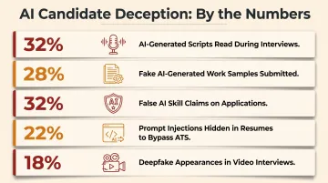 Five AI candidate fraud tactics percentages recruiters encounter in hiring pipelines