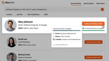 Obra Hire platform dashboard showing AI candidate search results and contact reveal workflow