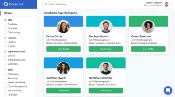 Obra Hire outbound recruiting platform dashboard showing candidate search results and profile previews