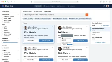 Obra Hire platform dashboard displaying AI-powered candidate search results and competency matching