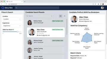 Obra Hire AI-powered candidate search dashboard showing SkillsTree competency matching interface