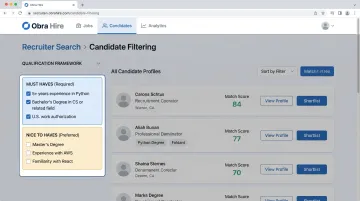 Obra Hire recruiter dashboard showing Must Have and Nice to Have candidate criteria filters