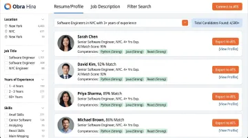 Obra Hire AI sourcing platform dashboard displaying candidate search results and profile data