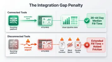 Disconnected sourcing and ATS tools workflow showing data silos and hiring pipeline breakdown