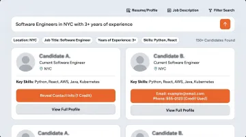 Obra Hire candidate search interface showing profile preview and contact credit model