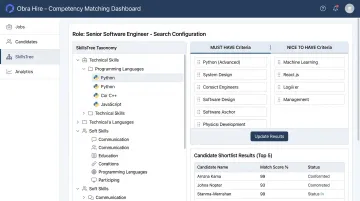 Obra Hire SkillsTree competency-based candidate matching interface with must-have filters