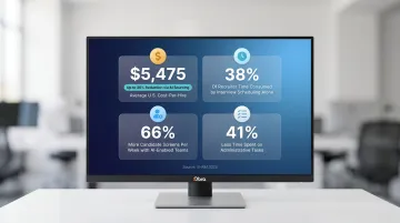 AI recruiting cost savings infographic showing time reduction and cost-per-hire statistics