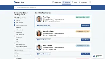 Obra Hire outbound sourcing platform dashboard showing candidate profiles and matching results
