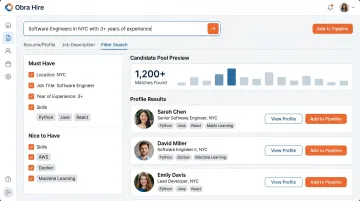Obra Hire outbound sourcing dashboard displaying competency-based candidate search filters