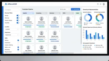 AI-powered talent sourcing platform dashboard displaying diversity pipeline filters and analytics