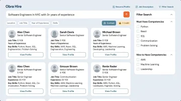 Obra Hire outbound sourcing platform candidate profile preview and competency matching interface