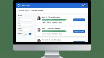 Obra Hire outbound candidate search interface showing SkillsTree competency matching results