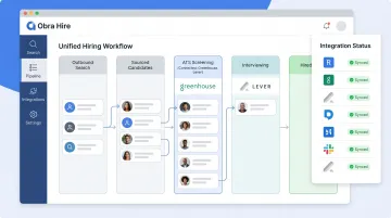 Obra Hire platform ATS integration dashboard showing candidate workflow connections