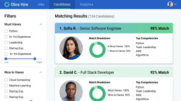 Obra Hire platform candidate search interface showing competency-based matching results