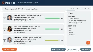 Obra Hire AI candidate search interface displaying competency-matched profile results