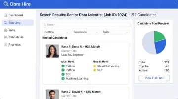 Obra Hire AI sourcing dashboard showing ranked candidate profiles and competency match scores