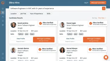 Obra Hire outbound candidate search platform dashboard showing verified profile results