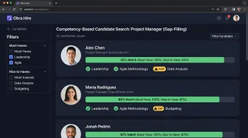 Obra Hire competency-based candidate search platform displaying ranked profile matches