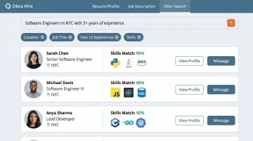 Obra Hire platform dashboard showing candidate search results and competency-based matching