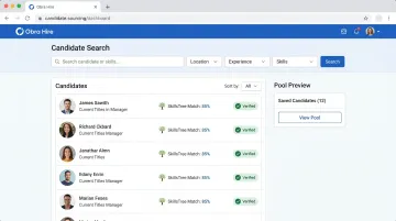 Obra Hire sourcing platform dashboard showing competency-based candidate search results