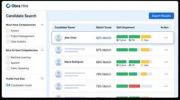 Obra Hire competency-based candidate search interface showing must-have and nice-to-have filters