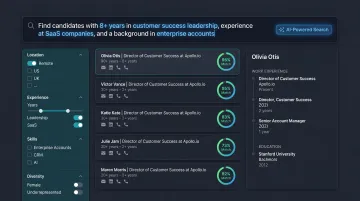 Natural language AI recruiter search interface displaying candidate results and filters