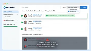 Obra Hire verified candidate filtering dashboard eliminating fake AI-generated applicant profiles